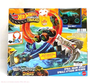 Hot Wheels Monster Trucks Corkscrew Shark Smash Track Set and 1:64