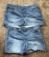 Democracy Ab Solution Denim Shorts Distressed Stretch Hi-Rise Raw Hem Sz 16