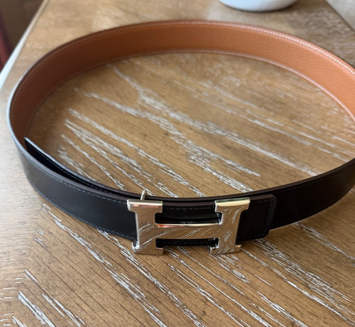 Hermes Reversible Belt 32mm Golden Brown and Black Silver H Buckle size 90
