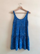 UO Yellow is Gold Blue Polka Dot Tiered Mini Swing Dress 100% Silk Size Small