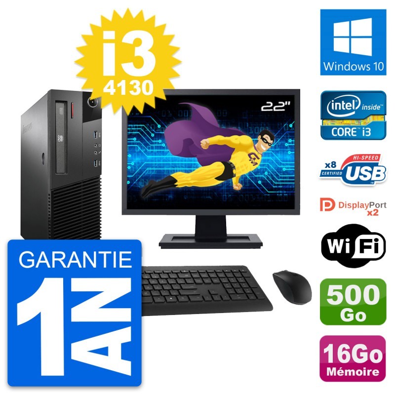 PC Lenovo M93p SFF Ecran 22" Intel i3-4130 RAM 16Go Disque 500Go Windows 10 Wifi