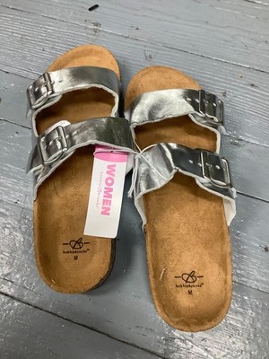 Bobbie Brooks Silver Double Strap Cork Slide Sandals Women's M 7/8
