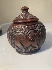 Hand Carved Wooden Lidded Dish Bowl Elephant Rhinoceros African Art