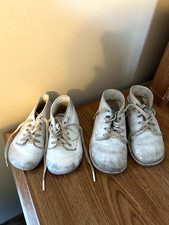 Vintage 2 Pr Hard Sole Baby Shoes 1950-60  s White Leather Lace Up Toddler Infant