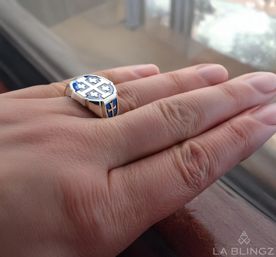 Sterling Silver Blue Enamel Jerusalem Cross Octagon Signet Ring for Men - Image 2 of 4