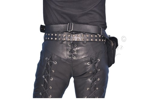 black soft COWHIDE LEATHER lace pant custom made shiny eyelets, Adjustable fit - Picture 7 of 8