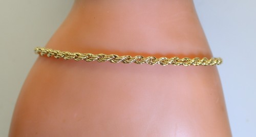 Bonita pulsera unisex de cadena de cuerda de oro amarillo 14K de 3 mm de 7,25 - Imagen 2 de 5