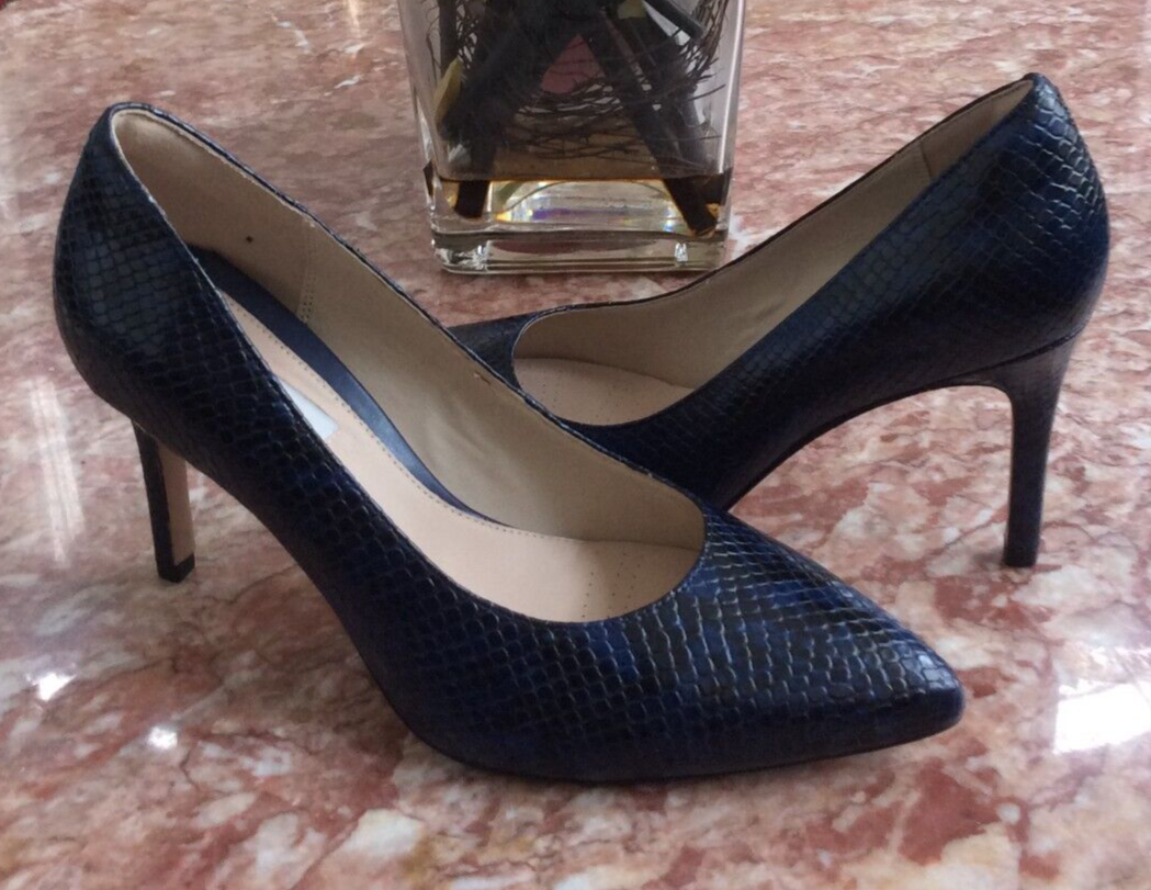 New Clarks Dinah Keer Women's Blue Lizard Skin Stiletto Heel Pump Size 9M,  $110