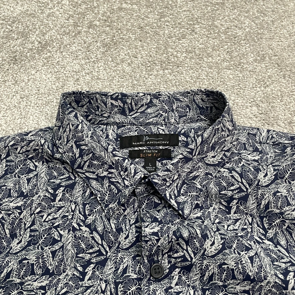 Рубашка Marc Anthony эластичная приталенная на пуговицах мужская большая синяя повседневная с цветочным рисунком - Изображение 4 из 4