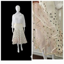 Vintage 1950s Ivory Nylon Half Slip Embroidered Black Pink Flowers Peticoat M