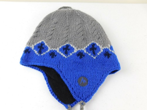 MARMOT Knit Wool & Acrylic Blue & Gray Winter Hat w/ Braids, Ear Protection EUC - Picture 2 of 5