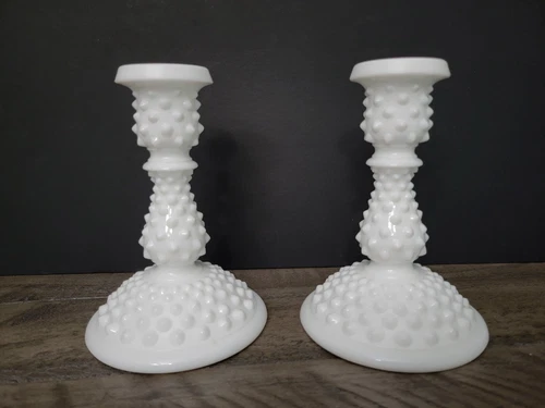 Pair of Vintage Fenton Hobnail Milk Glass Candle Holders 6" tall