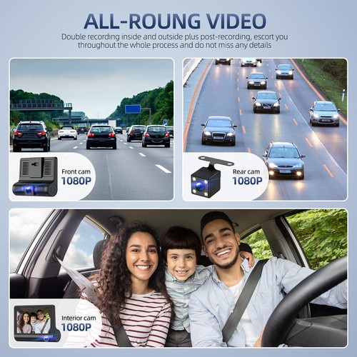 Touch Screen Dash Cam 4 in 1080P 3 Lens Car DVR Recorder Front and Rear Camera - Picture 7 of 18