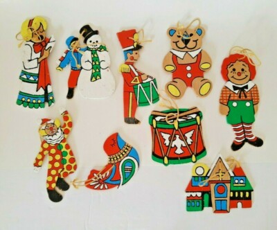 Christmas Ornament Lot Hand Painted Balsa Wood Folk Art 9 Pieces