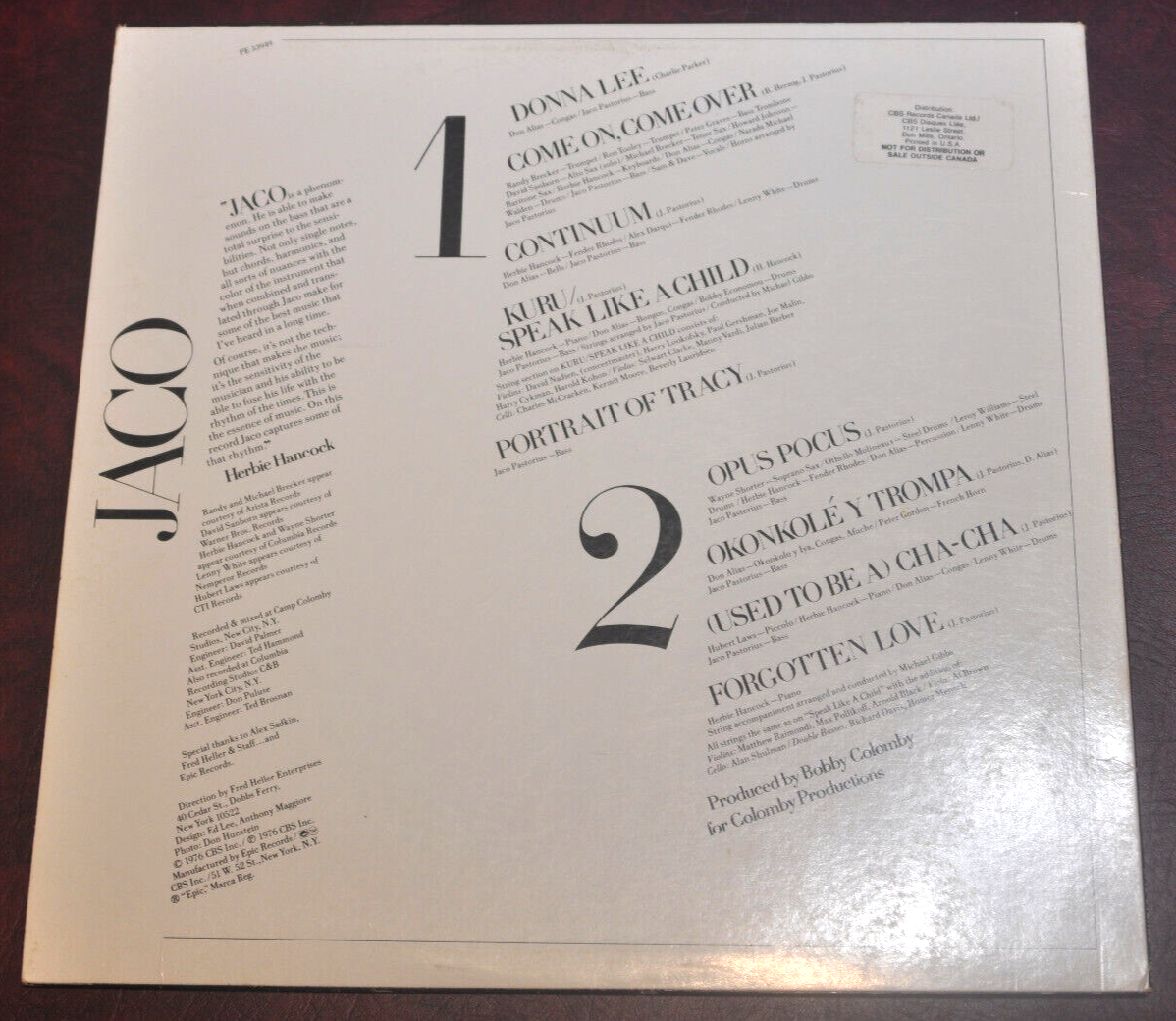 Jaco Pastorius - S/T debut LP, Epic PE 33949 Canada 1976 LP