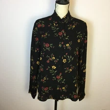 Vtg Jones New York Shirt Blouse Size 12 Womans Black Floral 100% Silk Button Up
