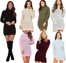 Women's Polo High Neck Long Sleeve Cable Knitted Jumper Dress Ladies Bodycon Min