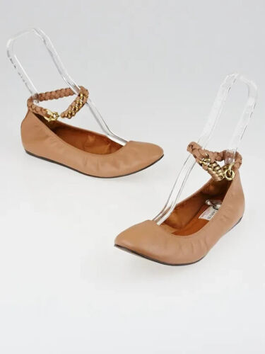 Lanvin GoldtoneChainAnkleStrap NudeTanLeatherBalletFlats Sz 8US/IT38.5 - Picture 2 of 24