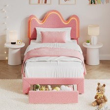 Full/Twin Bed Frame w/ Storage Drawer & LED Upholstered Headboard for Girls NEW