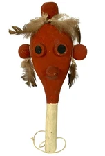 Vintage Mudhead Rattle Native American Hopi Navajo Zuni Gourd Feathers 13 1/2"