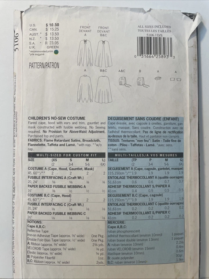 No Sew Pattern Costume 5106 Unisex Cape, Hood with Ears, Mask Uncut Kid Sz 2-6X - Image 2 of 2