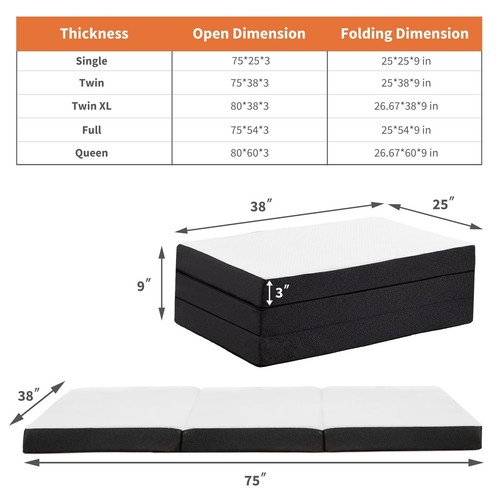 Colchon Triplegable Twin 75x38 Para Dormir En El Piso Colchonetas De Memory Foam - Picture 5 of 8