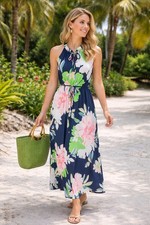 Tommy Hilfiger Floral Maxi Dress Sz 8 Multicolor Blue Pink Green Belted Ruffle