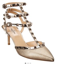 Valentino Shoe 65 Triple Gold Metalic leather point toe rockstud Cage Size 41