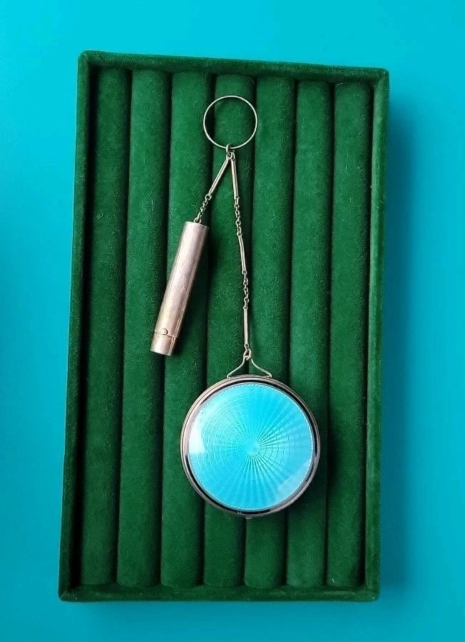 Lápiz labial compacto anillo plata esterlina esmalte guilloche azul F&B Foster Bailey  Foto 3 de 4