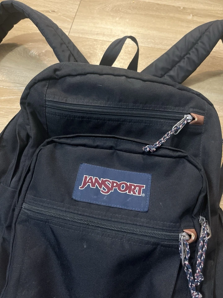 Mochila Jansport DE COLECCIÓN Negra con Fondo de Cuero Marrón Años 90 Hecha en EE. UU. Foto 3 de 4