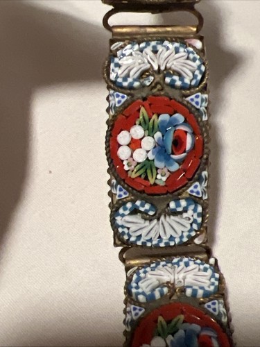 Italian Art Glass Micro Mosaic Link Bracelet Blue White Floral 7.5" - Picture 8 of 13