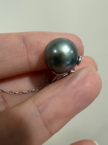 Wunderschöner echter 11,5 mm Südsee graue Perle & weißer Topas 14kt weißer Anhänger - Bild 5 von 12
