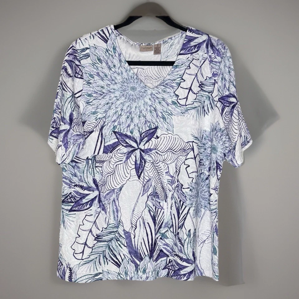 Camisa Top Tropical Chico’s 3 Easywear Talla XL Púrpura Verde azulado Elástica Manga Corta Foto 3 de 4