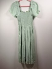 Madewell Green Square Neck Smocked Puff Sleeve Midi Dress with Pockets XS