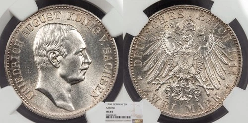 GERMAN STATES Saxony- Albertine Line Friedrich August III 1914-E 2 Mark NGC MS-6