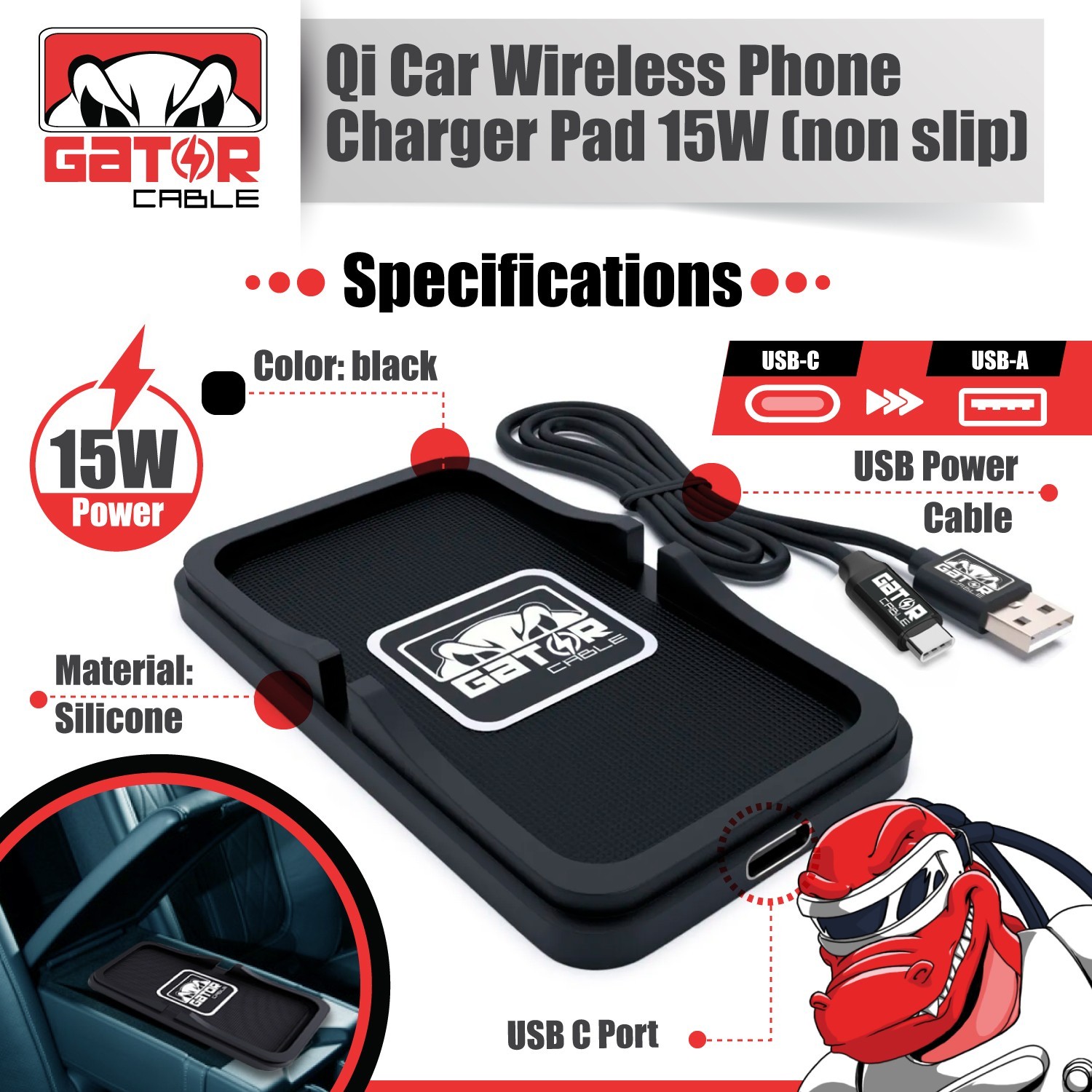 Car Wireless Phone Charger Pad Fast Charge Mat 15W for iPhone Samsung Universal