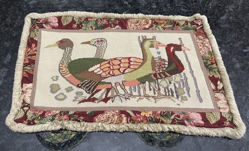 Vtg Whimsical Folk Art Needlepoint Pillow Cover Handmade Exotic Birds Floral - Picture 2 of 17