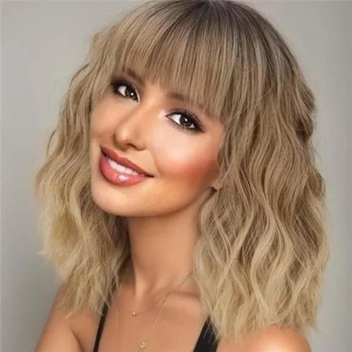 Synthetic Wavy Curly Bob Wig with Bangs Ombre Blonde Mixed Short Hair for Wom...