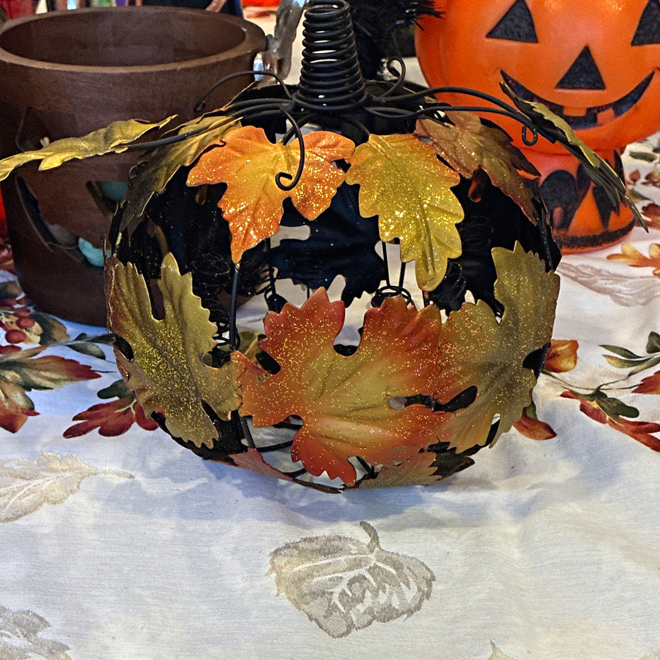 Pumpkin Metal Tea Light Holder Black Orange Gold Leaf Pattern Halloween ...
