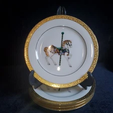 Royal Gallery Lot 4 Green Carousel Horse Gold Buffet Salad Plate '91 Discontinue