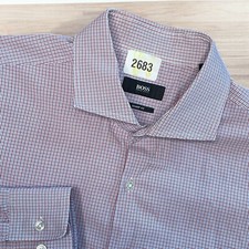 HUGO BOSS BLACK LABEL DRESS SHIRT SHARP FIT SPREAD COLLAR PLAID REDBLUE 17 34/35