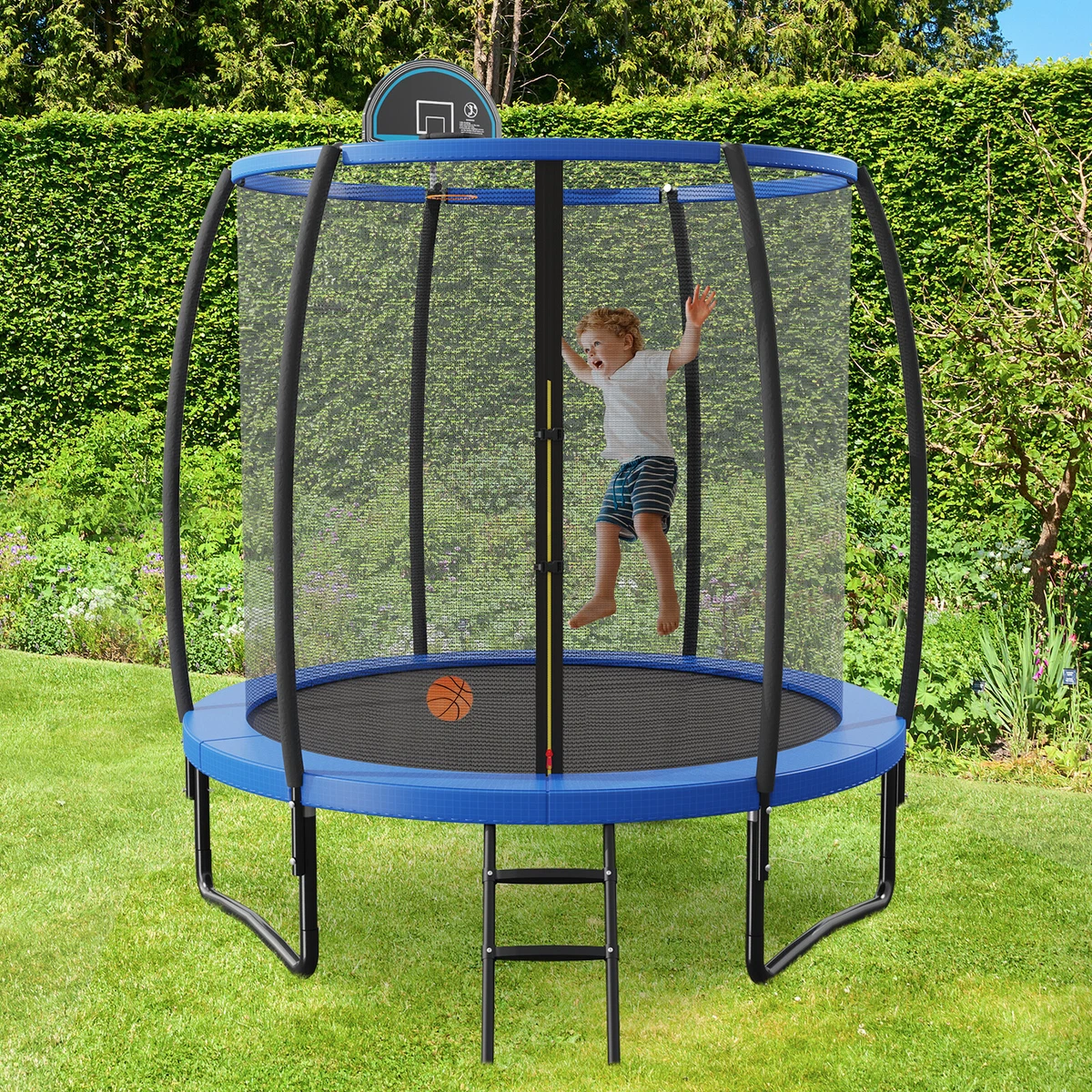 8 FT Leisure Trampoline w Safety Enclosure Basketball Hoop
