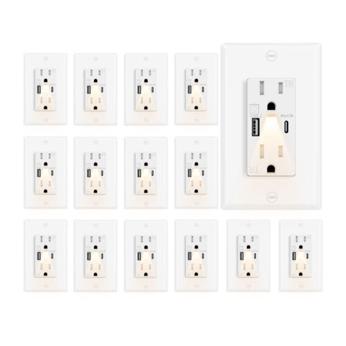 15 PK LED Night Light Outlets with 24W USB C+A Fast Charging, 4.8A, On/Off Switc