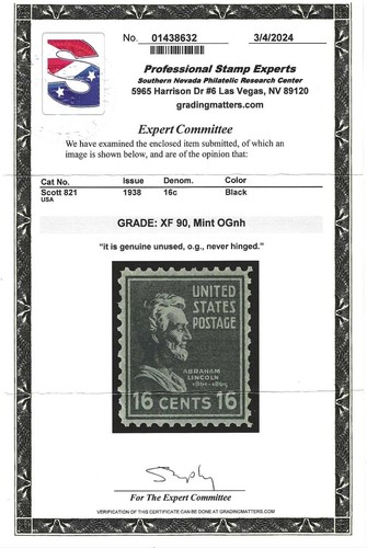 U.S. STAMP #821 — 16c PREXIE -- XF -- MINT — GRADED 90 - Imagen 2 de 2