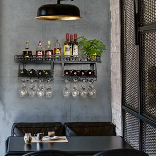 2 Tier Wall Mount Metal Wine Rack Storage Shelf Hanging Glass Holder Bar Home - Picture 11 of 14