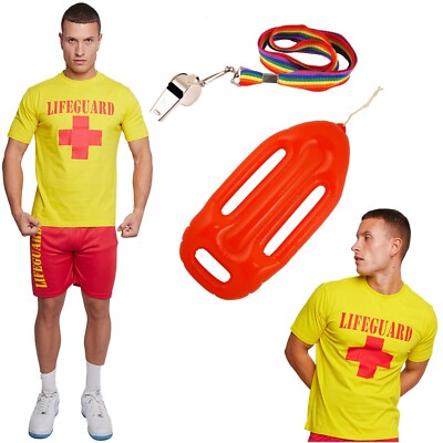 Rettungsschwimmer Kostüm Zubehör Set Shirt kurz aufblasbar Schwimmpfeife Kostüm