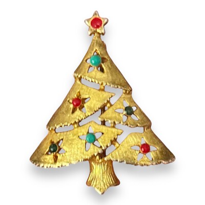 Eisenberg Ice Christmas Tree With Ornaments Gold Tone Holiday Figural Brooch
