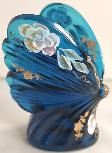 Fenton Art Glass Blue Floral Butterfly Figurine Hand Painted USA Artist Signed - 第 9/19 張圖片