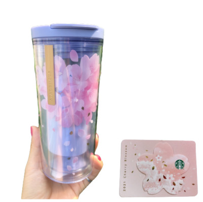 Starbucks Rare 2021 Light Blue Full Cherry Blossom Sakura Tumbler 12 Oz. + Card.