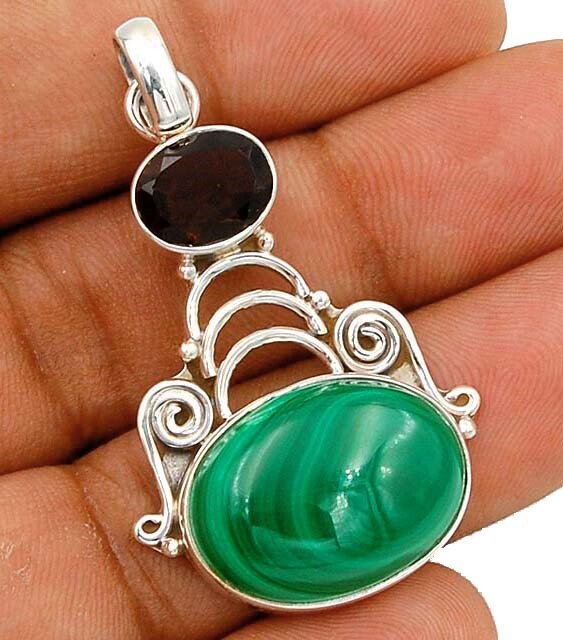 Natural Malachite and Smoky Topaz 925 Sterling Silver Pendant B16-2